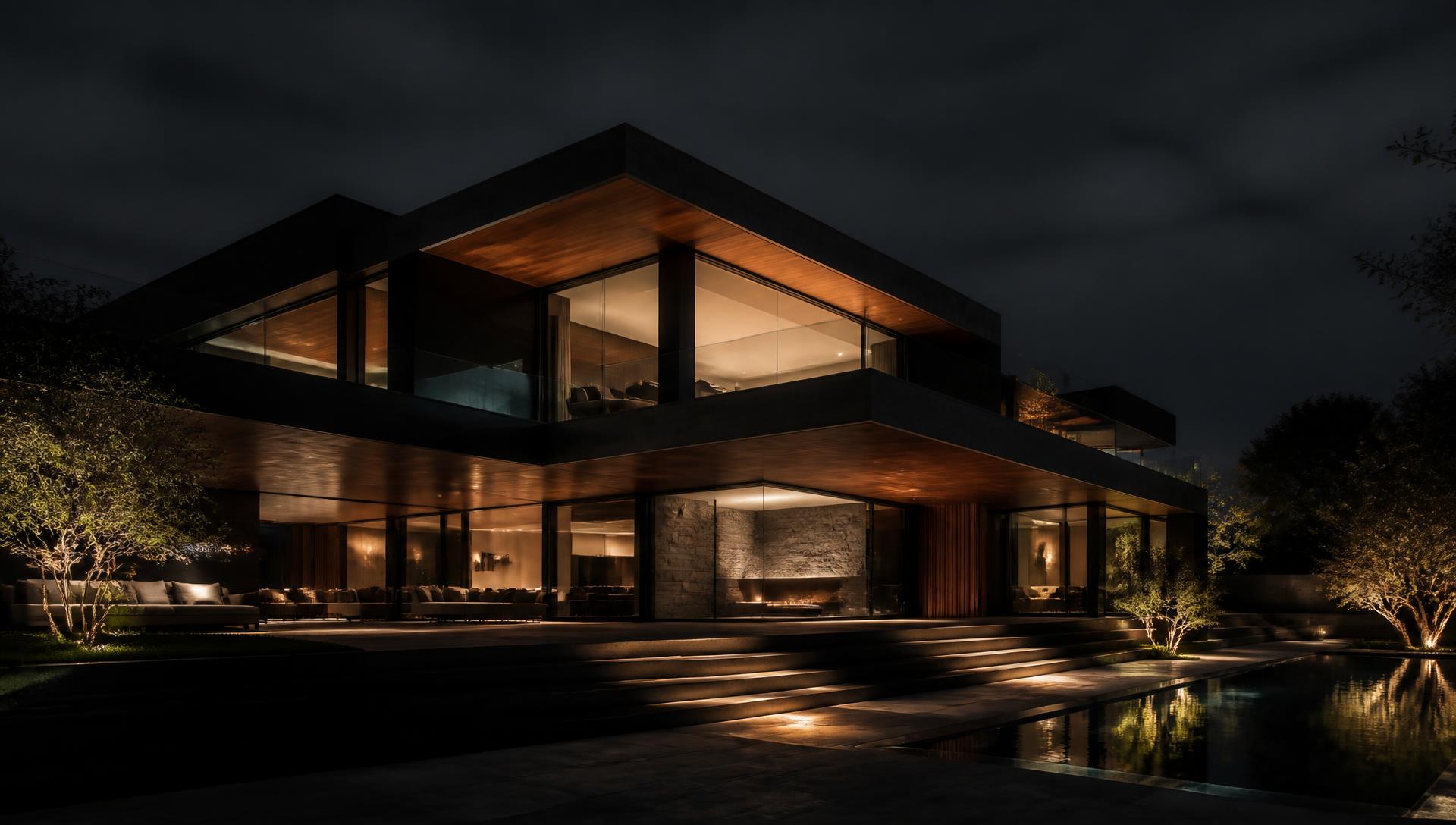 Modernist luxury estate illuminated at night