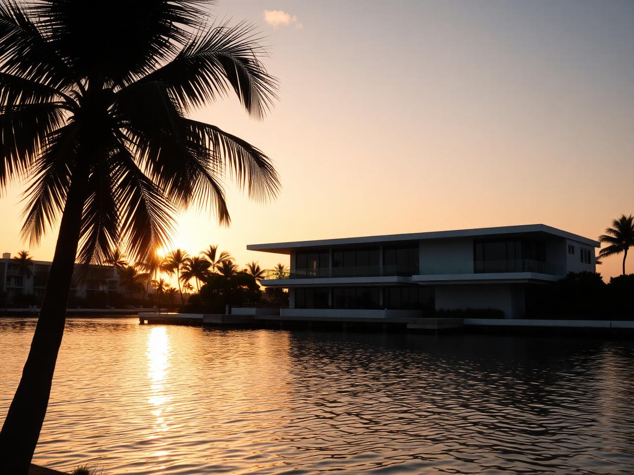 Waterfront modern residence at golden hour in Miami