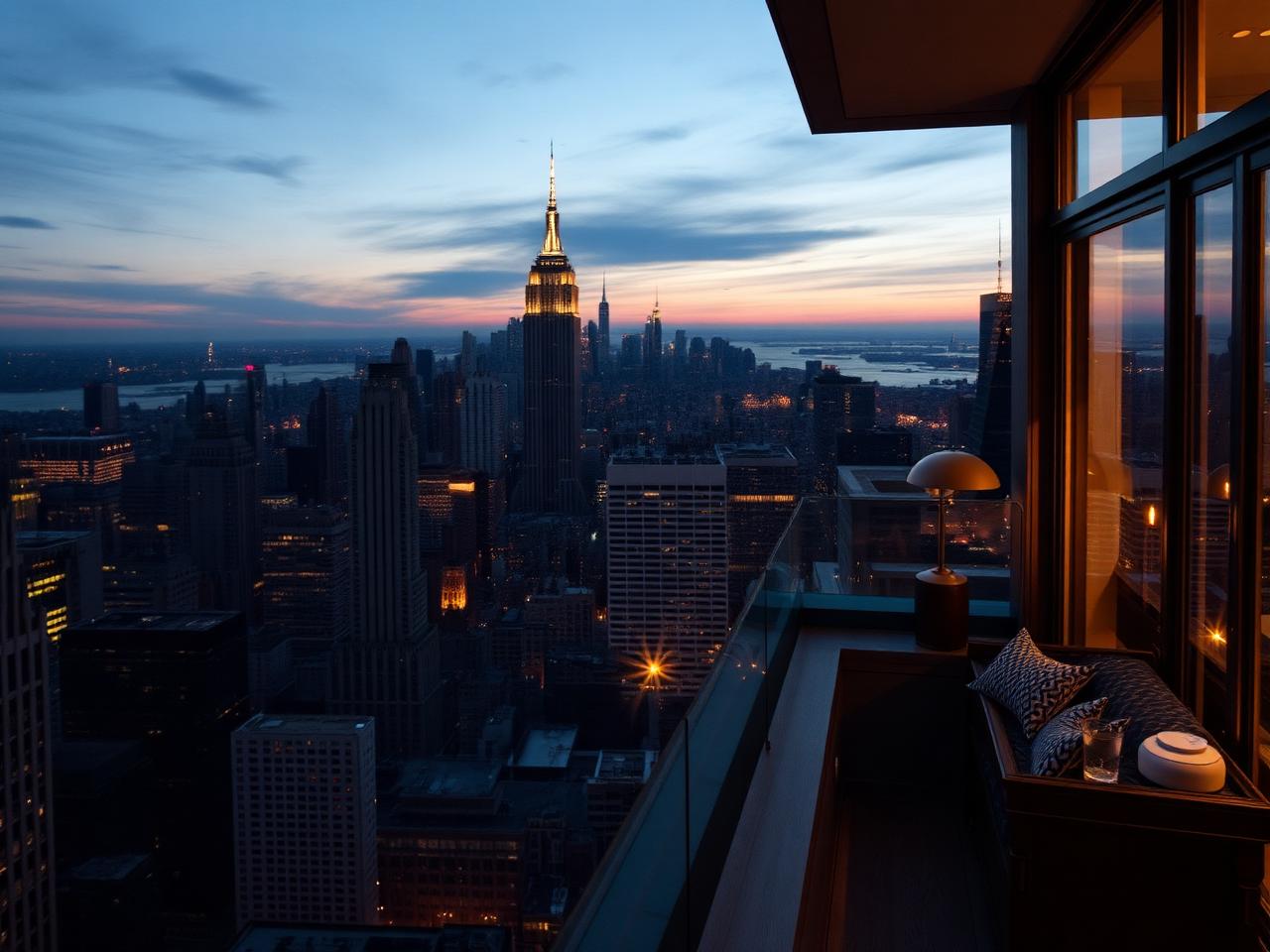 Manhattan skyline at dusk from a private penthouse terrace