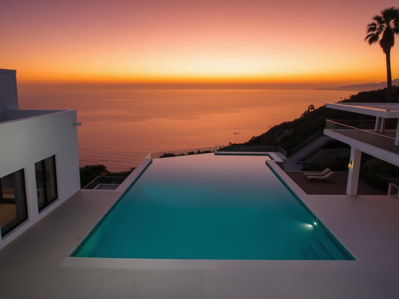 Modern hillside residence with infinity pool overlooking the Pacific Ocean at sunset