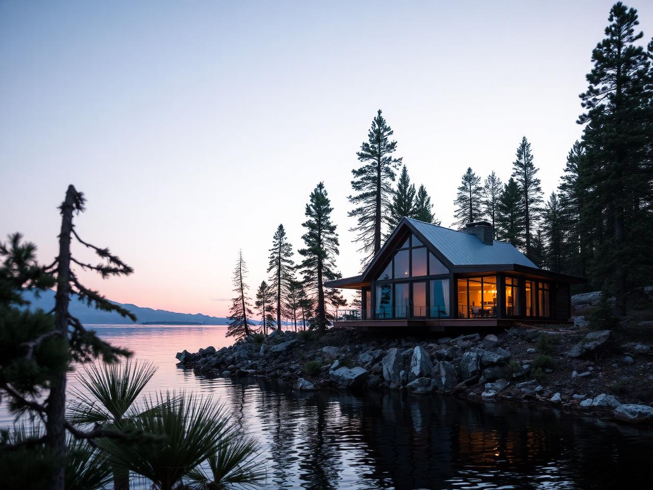 Glass and timber lakefront residence among pines at Lake Tahoe