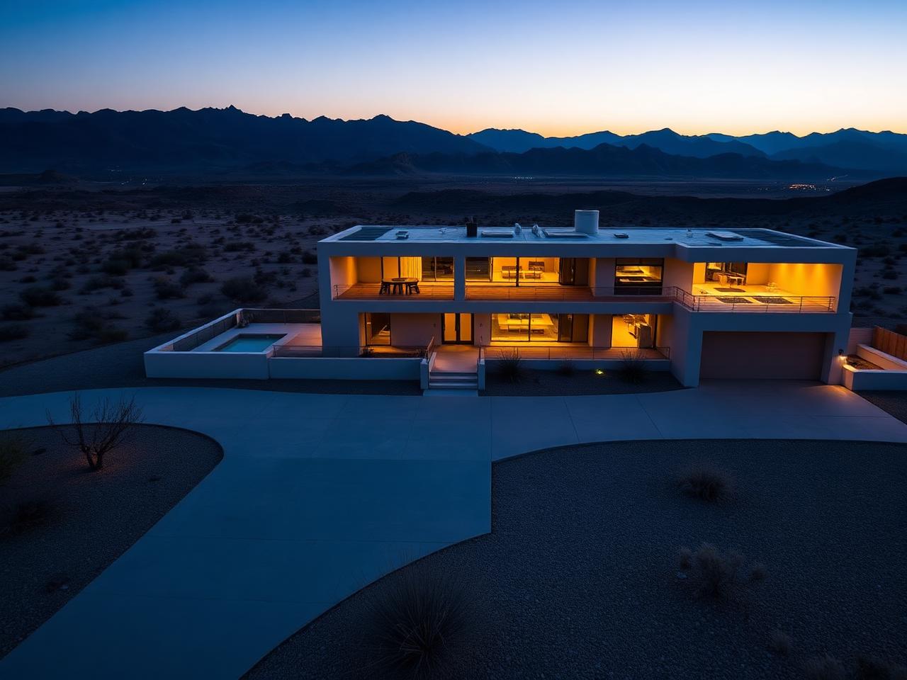 Modern desert residence glowing at twilight near Las Vegas
