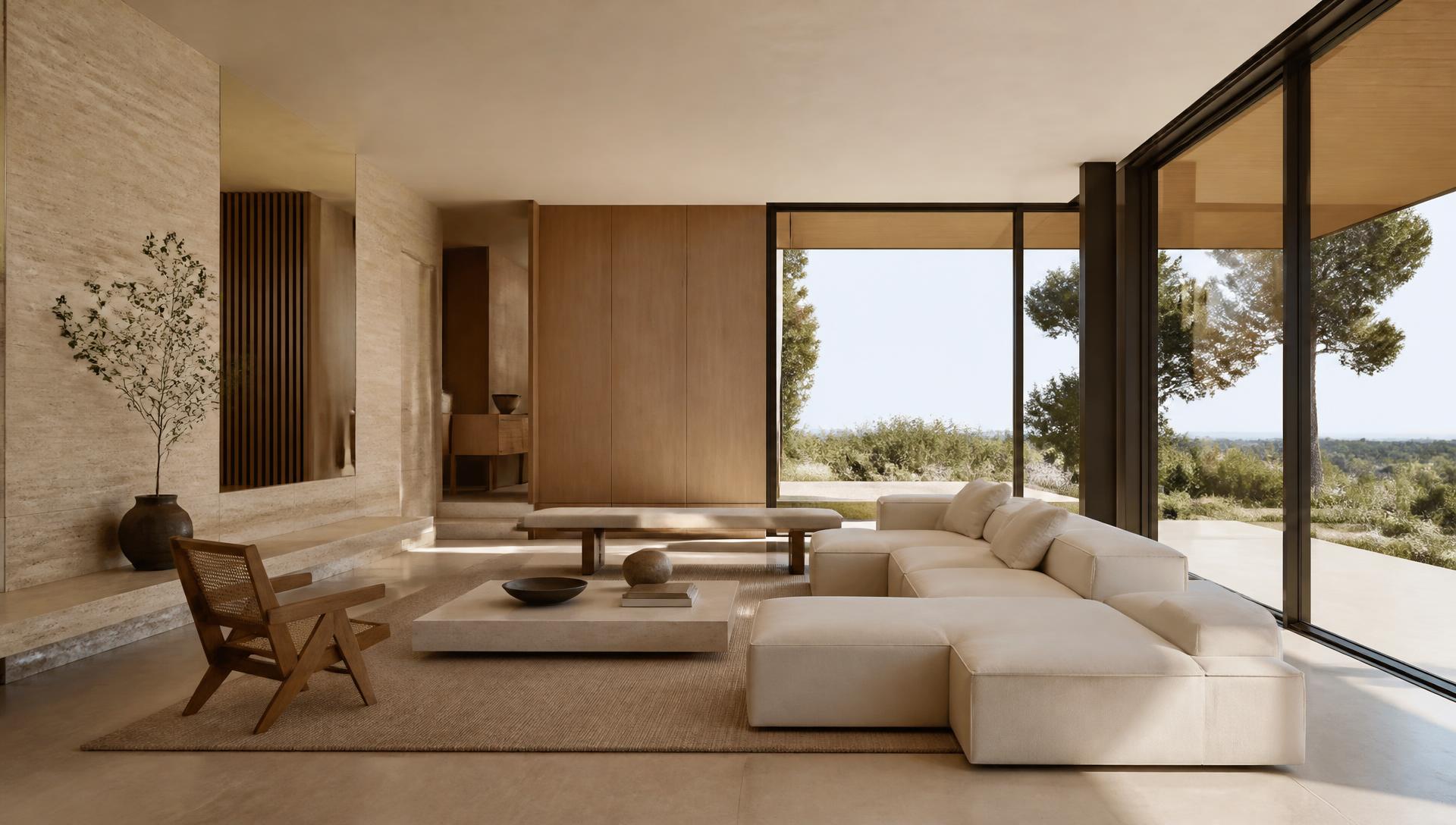 Editorial interior of a modern luxury residence in warm neutral tones