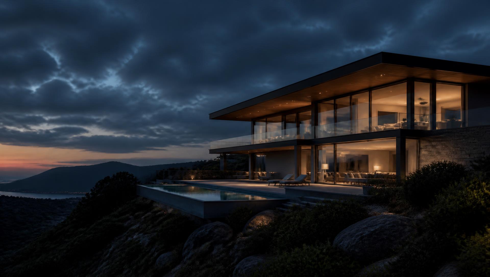 Hillside modern residence at twilight