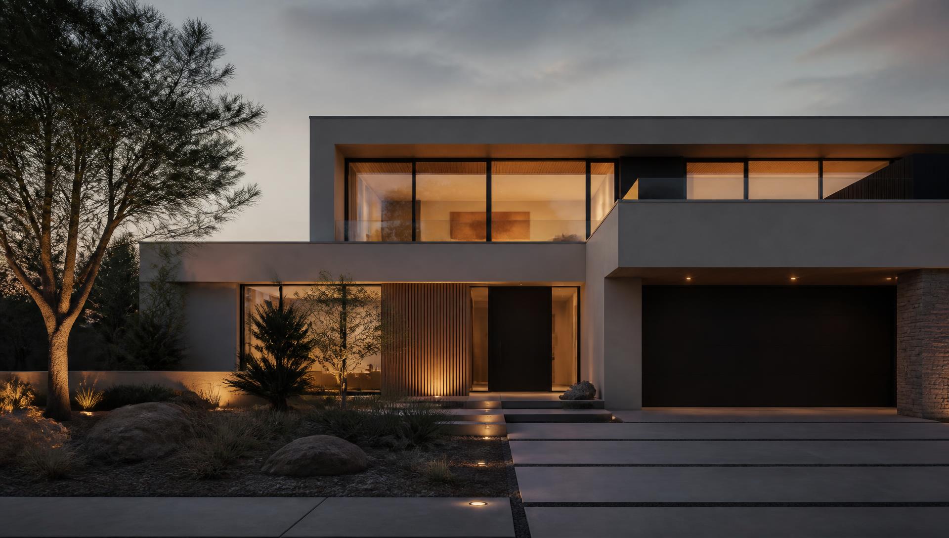 Contemporary luxury residence at dusk with warm interior light